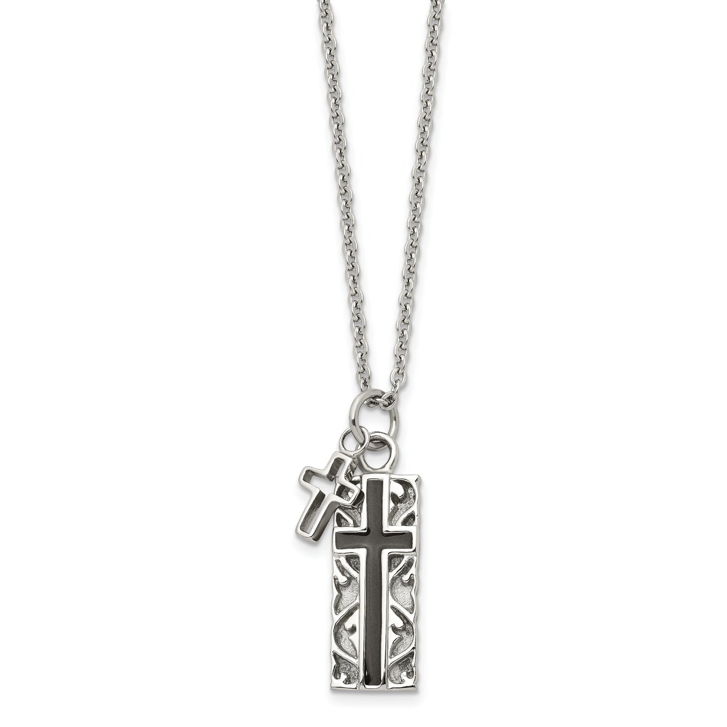 Stainless Steel Chisel Polished Black Ip-Plated 2 Piece Cross Pendant On A 20 Inch Cable Chain Necklace