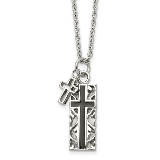 Stainless Steel Chisel Polished Black Ip-Plated 2 Piece Cross Pendant On A 20 Inch Cable Chain Necklace