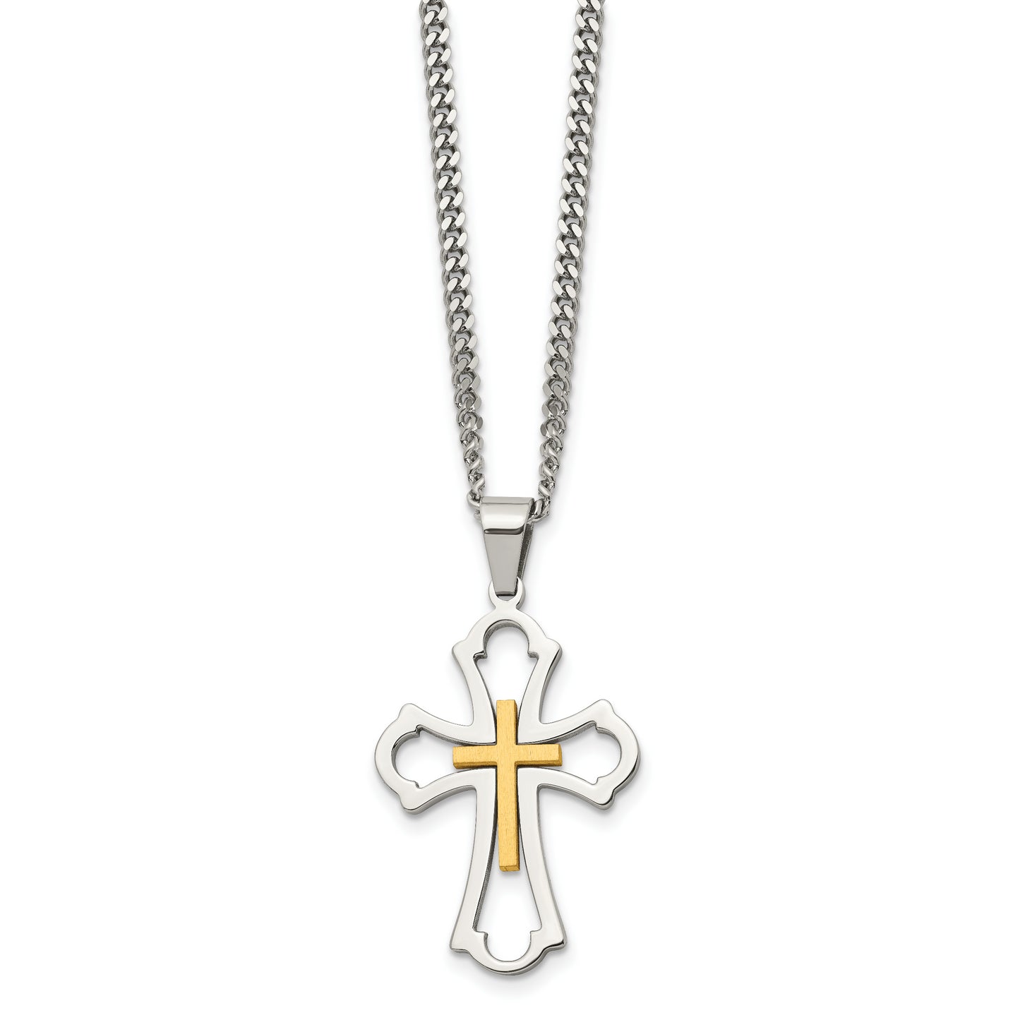 Stainless Steel Chisel Brushed And Polished Yellow Ip-Plated Cross Pendant On A 22 Inch Curb Chain Necklace