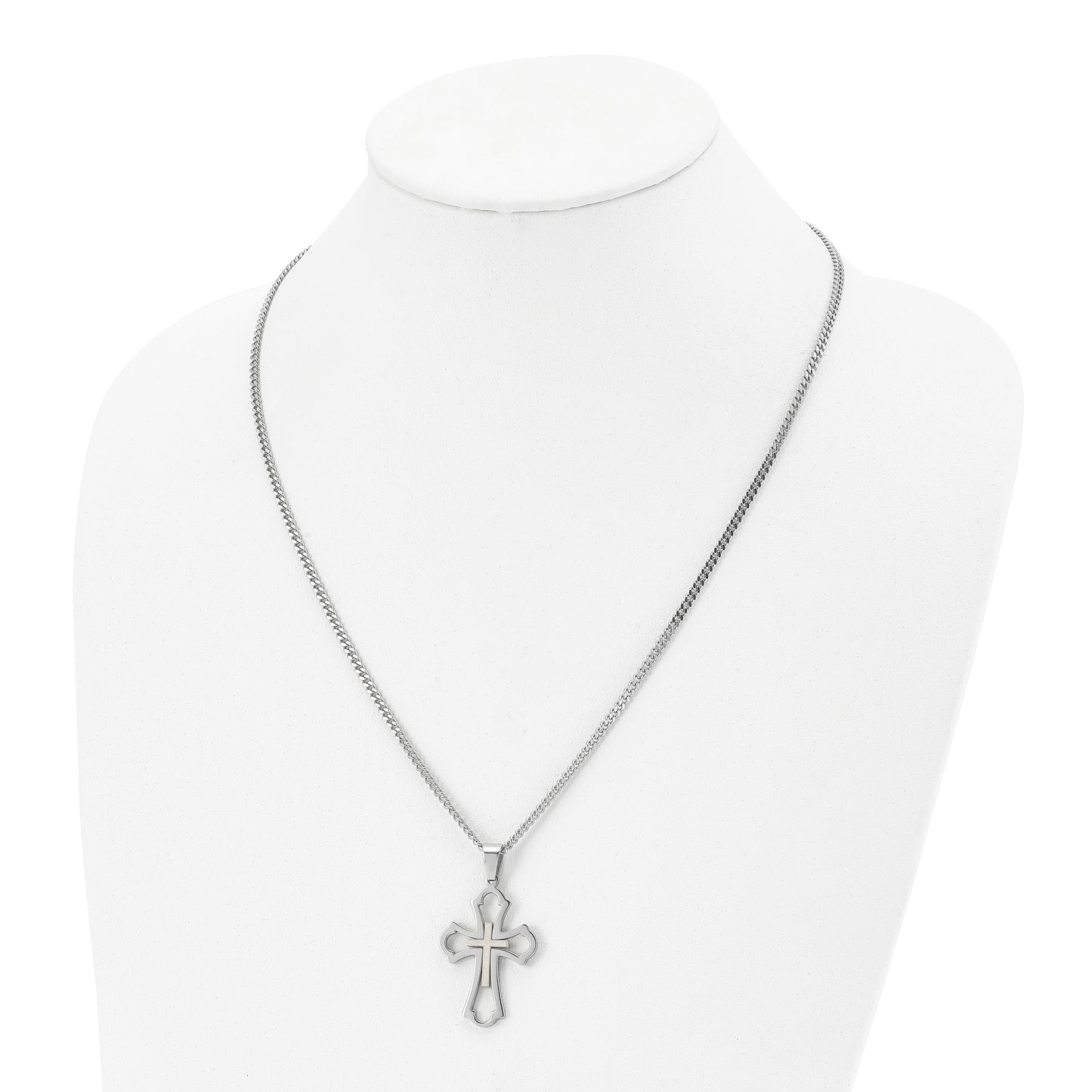 Stainless Steel Chisel Brushed And Polished Yellow Ip-Plated Cross Pendant On A 22 Inch Curb Chain Necklace