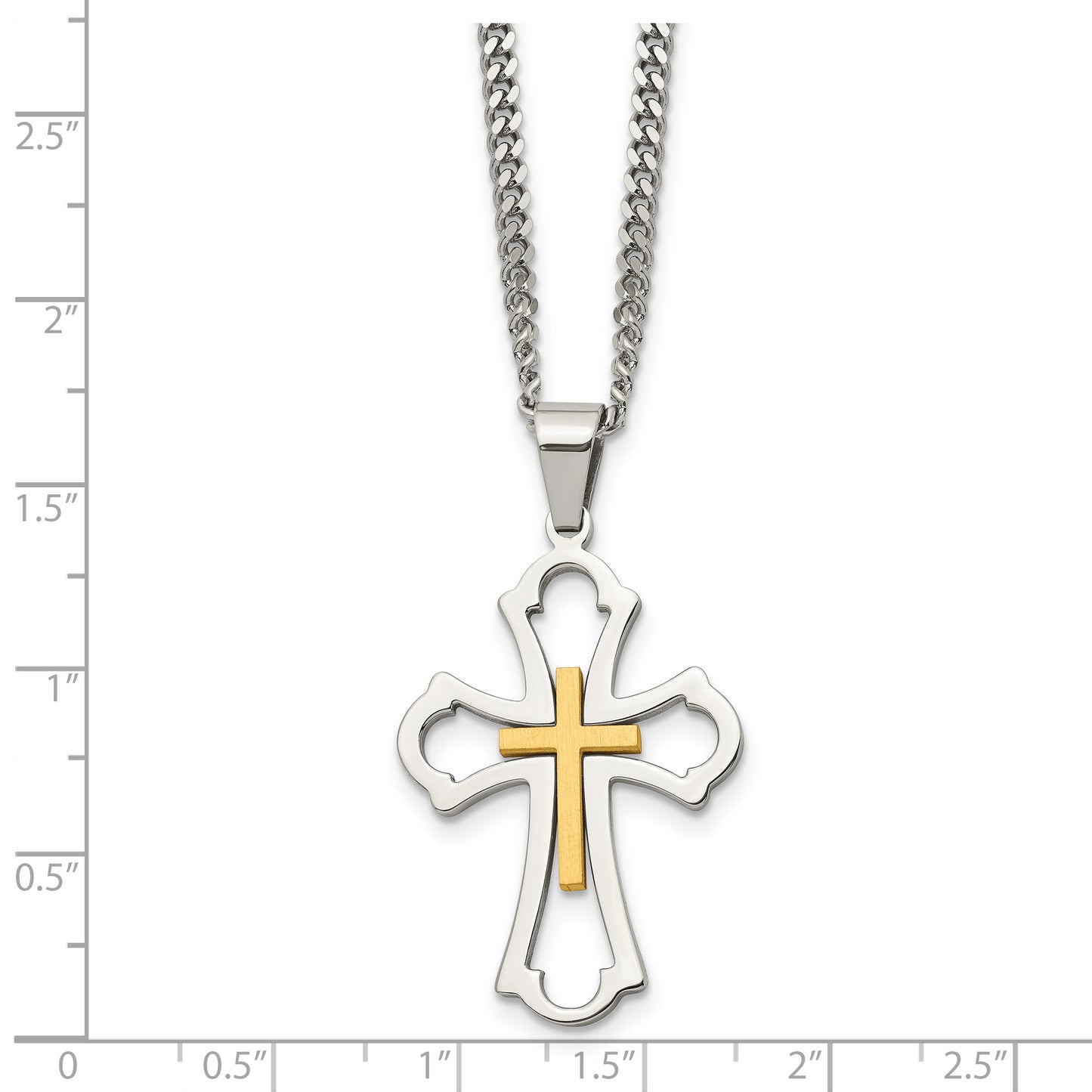 Stainless Steel Chisel Brushed And Polished Yellow Ip-Plated Cross Pendant On A 22 Inch Curb Chain Necklace