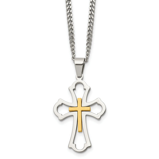 Stainless Steel Chisel Brushed And Polished Yellow Ip-Plated Cross Pendant On A 22 Inch Curb Chain Necklace