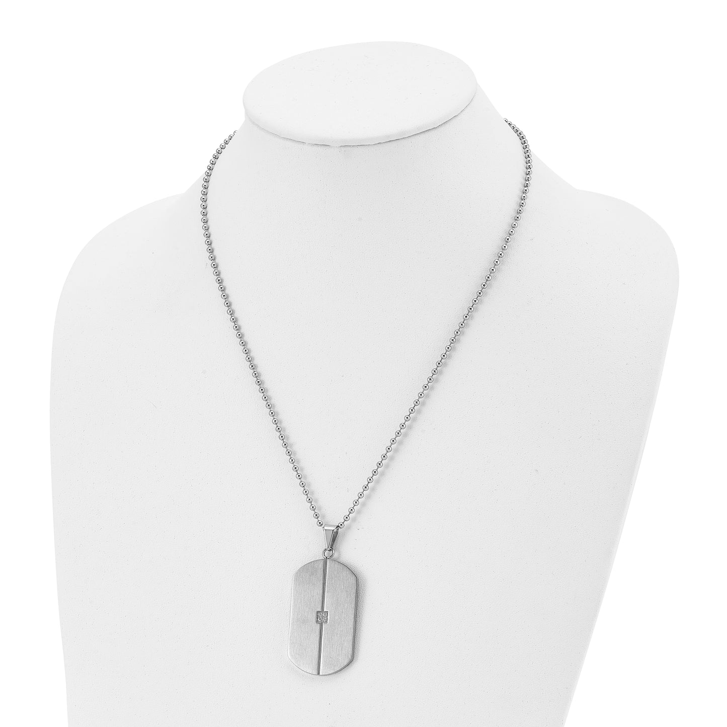 Stainless Steel Chisel Brushed And Polished With Cz Dog Tag On A 20 Inch Ball Chain Necklace