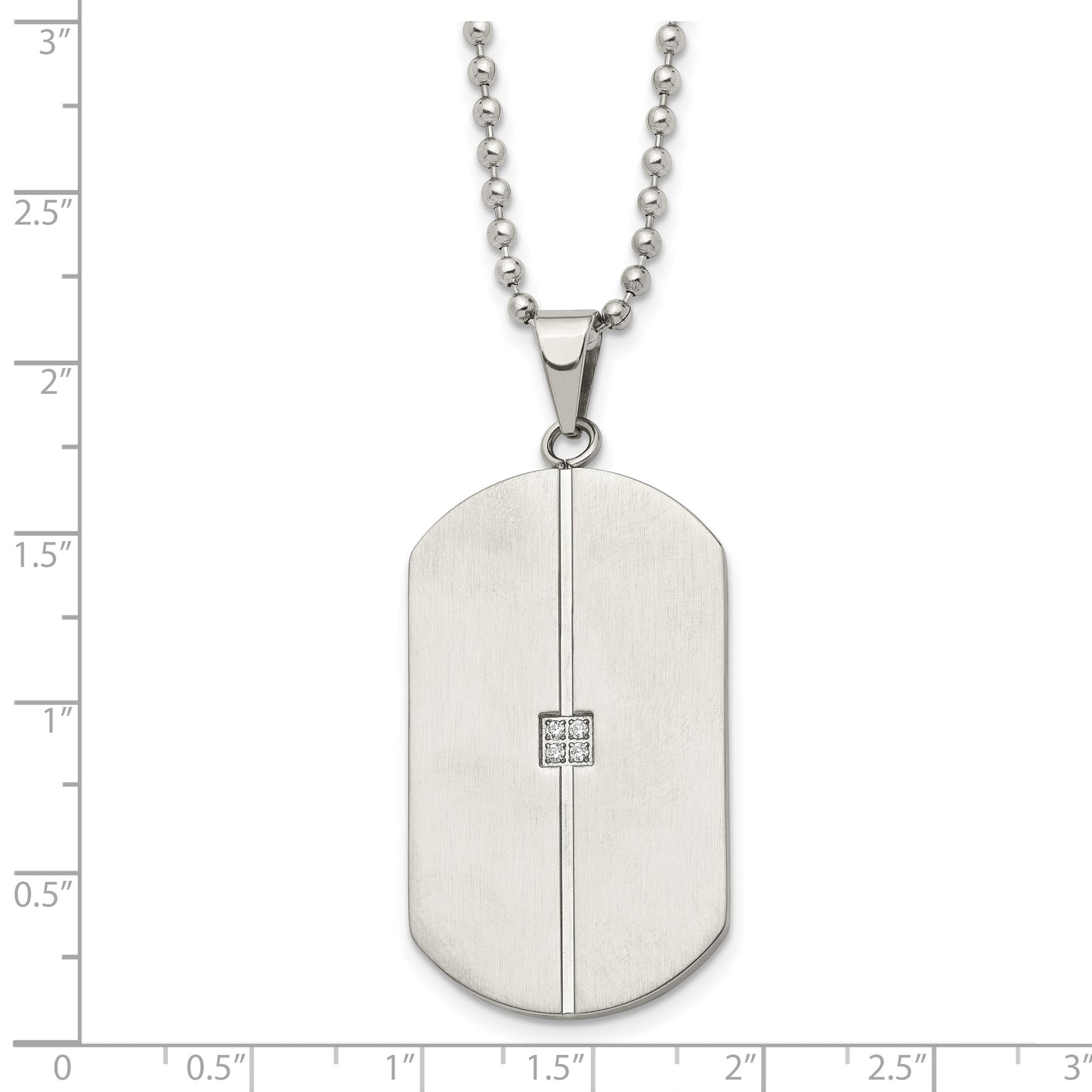 Stainless Steel Chisel Brushed And Polished With Cz Dog Tag On A 20 Inch Ball Chain Necklace