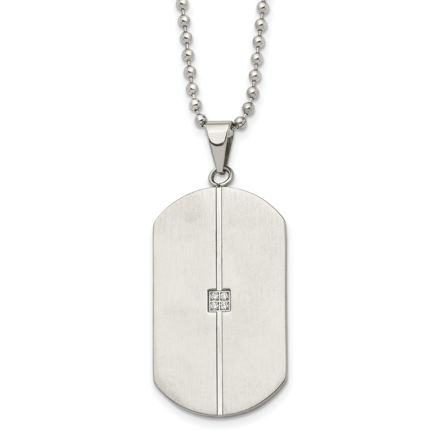 Stainless Steel Chisel Brushed And Polished With Cz Dog Tag On A 20 Inch Ball Chain Necklace