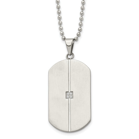 Stainless Steel Chisel Brushed And Polished With Cz Dog Tag On A 20 Inch Ball Chain Necklace