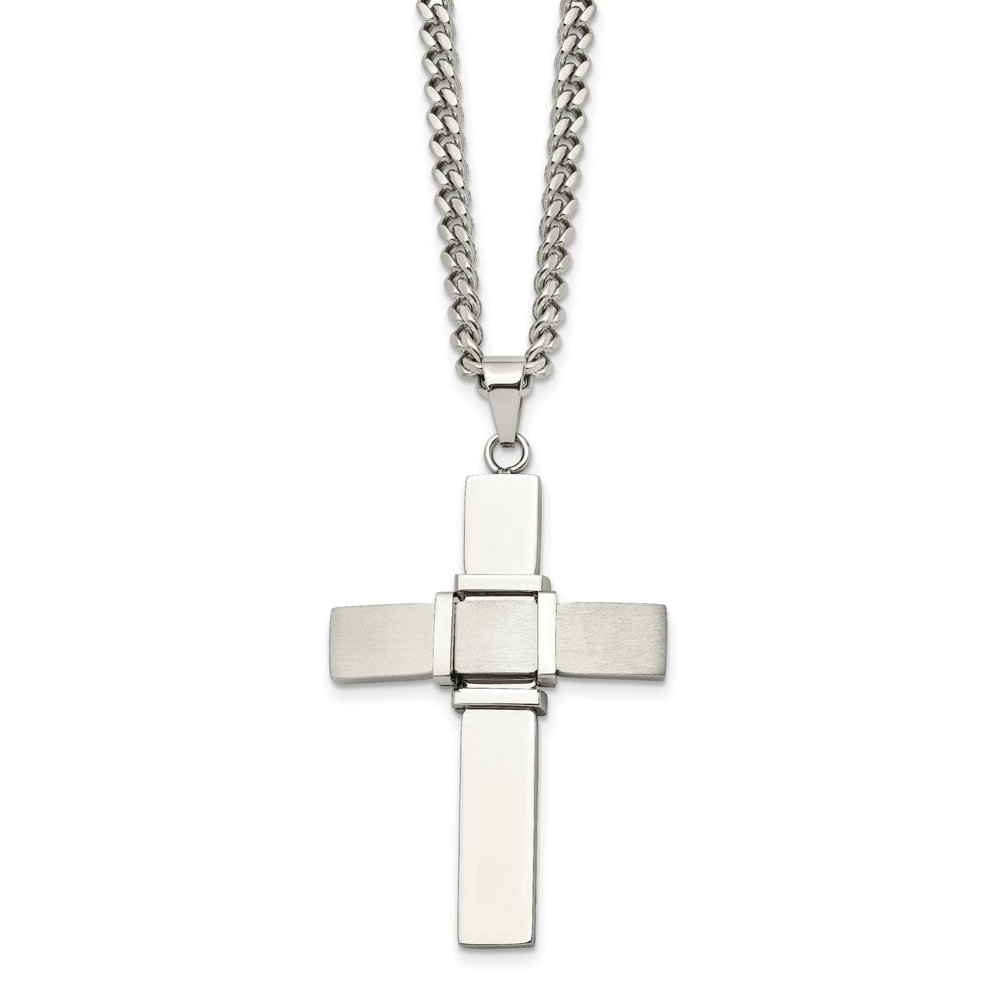 Stainless Steel Chisel Brushed And Polished Cross Pendant On A 22 Inch Curb Chain Necklace