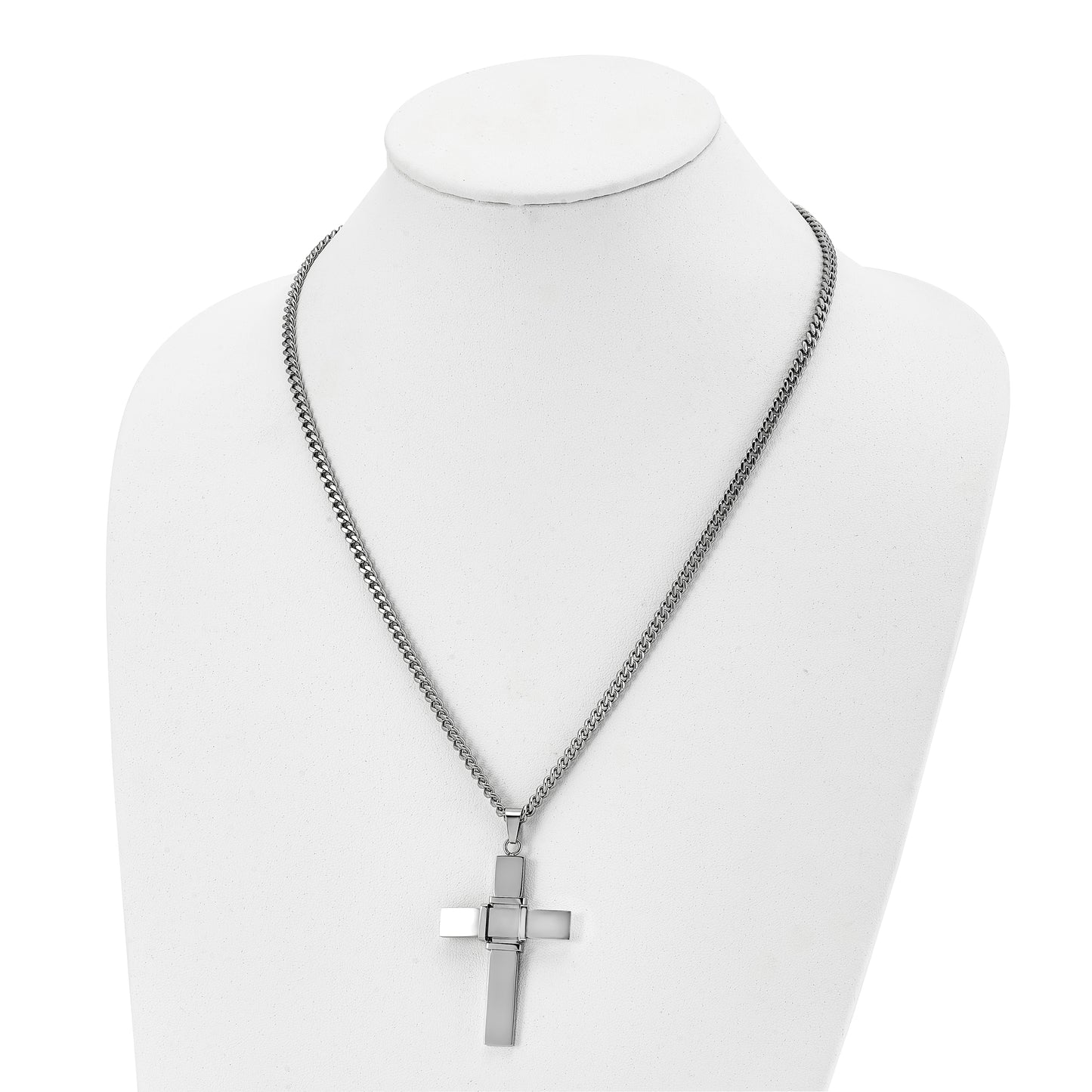 Stainless Steel Chisel Brushed And Polished Cross Pendant On A 22 Inch Curb Chain Necklace