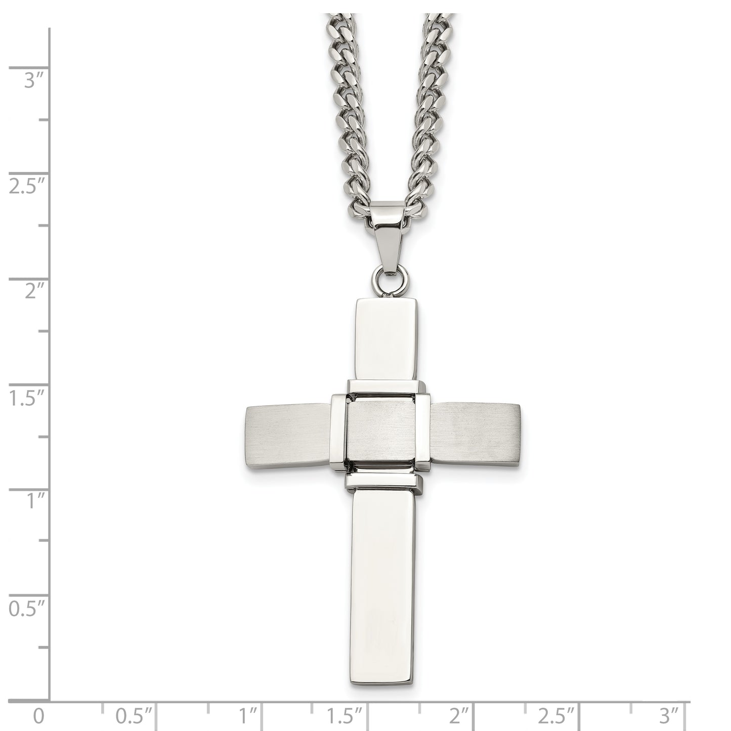 Stainless Steel Chisel Brushed And Polished Cross Pendant On A 22 Inch Curb Chain Necklace