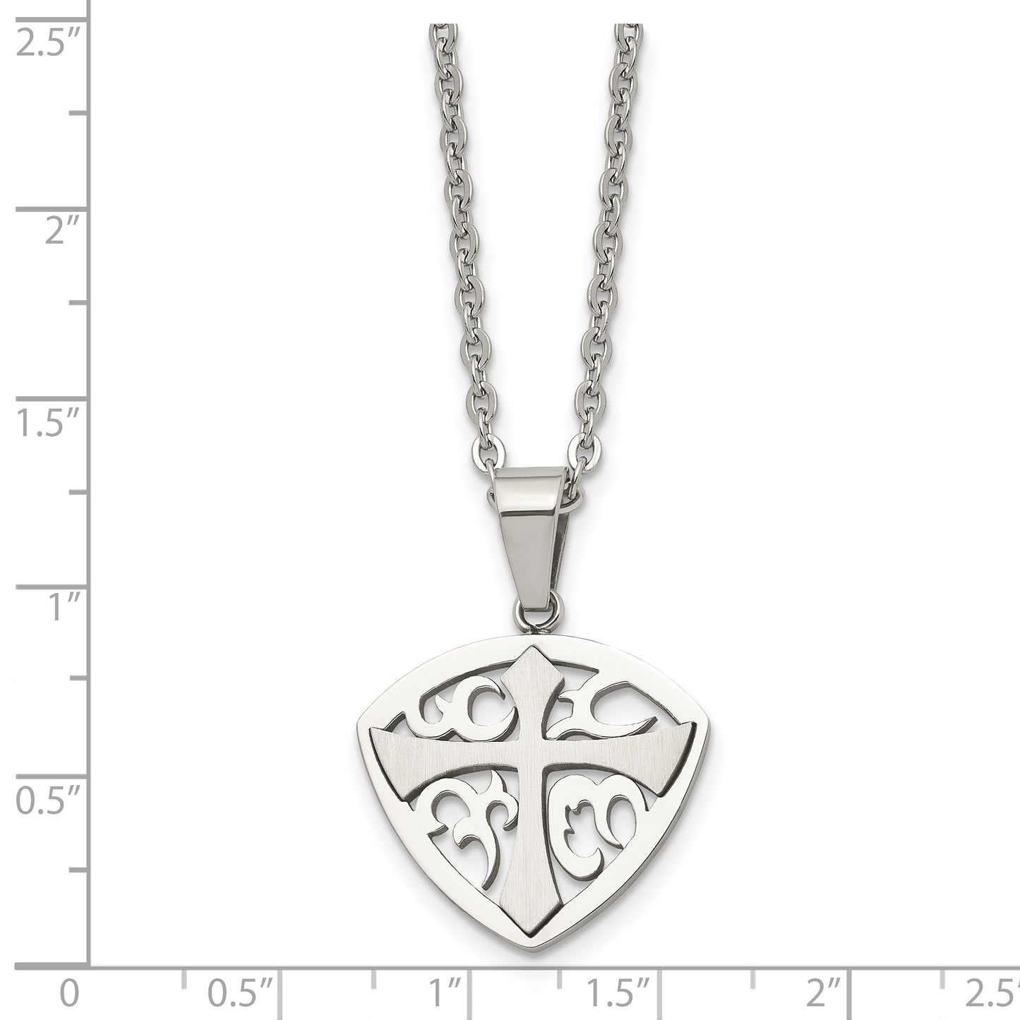 Stainless Steel Chisel Brushed And Polished Cross Shield Pendant On A 20 Inch Cable Chain Necklace