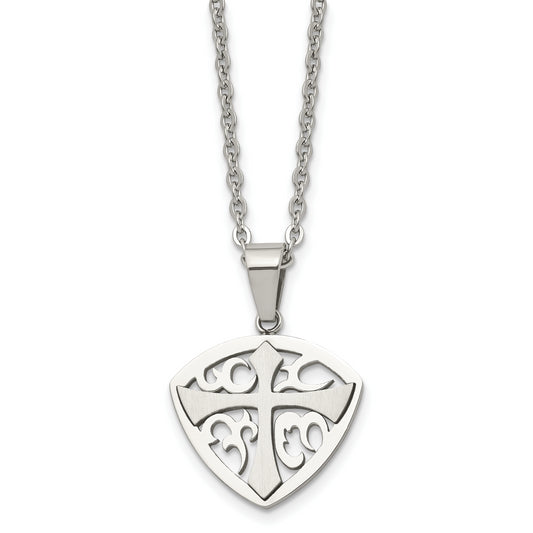 Stainless Steel Chisel Brushed And Polished Cross Shield Pendant On A 20 Inch Cable Chain Necklace