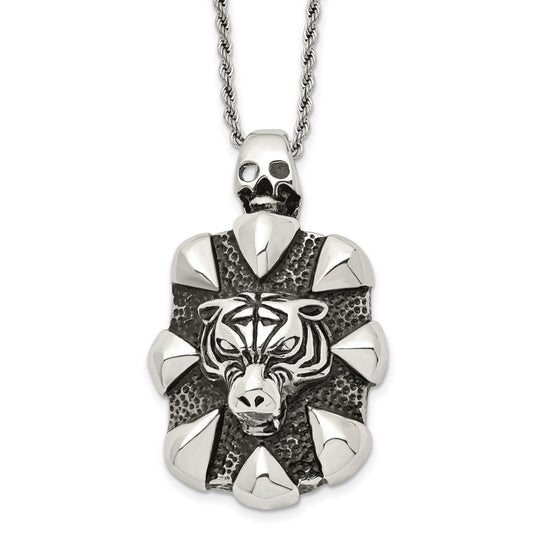 Stainless Steel Chisel Antiqued And Polished Tiger Skull Pendant On A 20 Inch Rope Chain Necklace