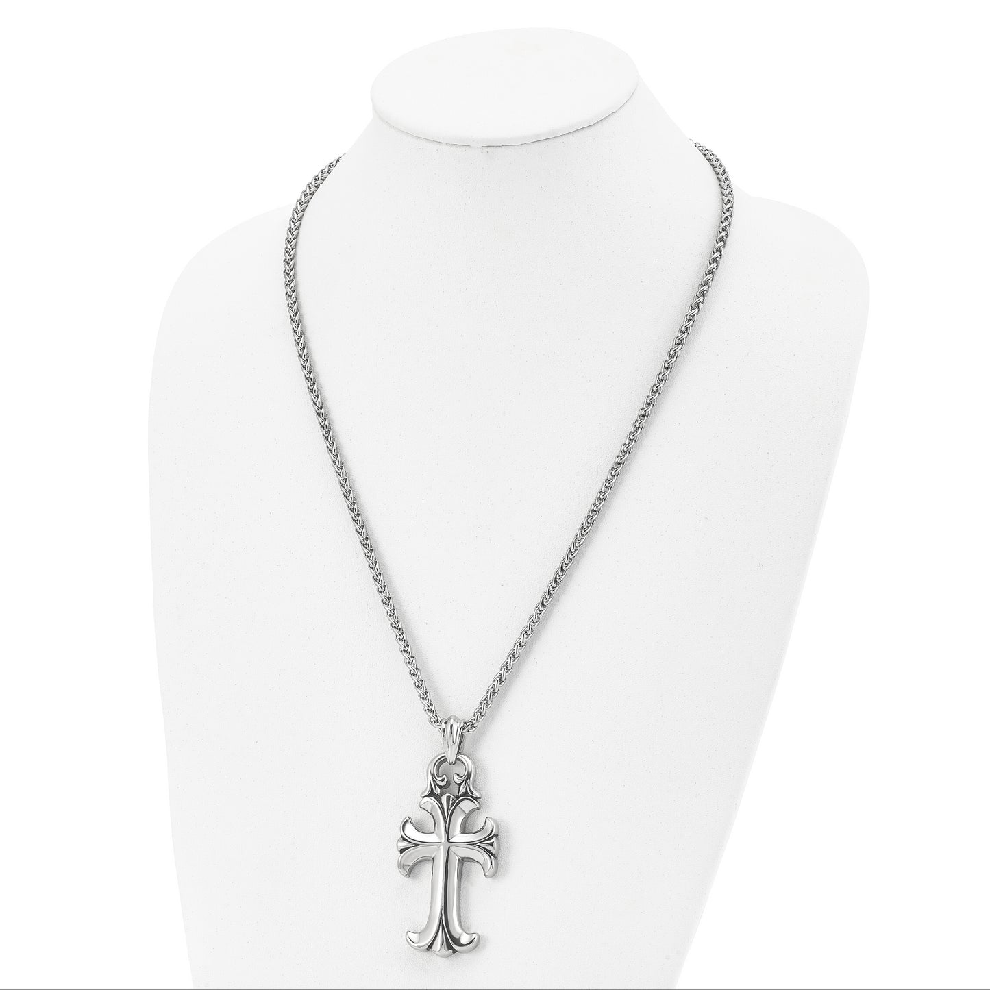 Stainless Steel Chisel Antiqued And Polished Cross Pendant On A 24 Inch Spiga Chain Necklace