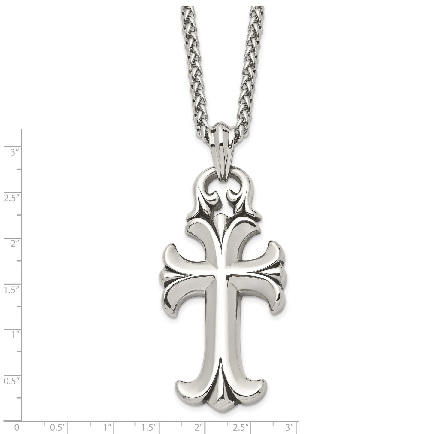 Stainless Steel Chisel Antiqued And Polished Cross Pendant On A 24 Inch Spiga Chain Necklace