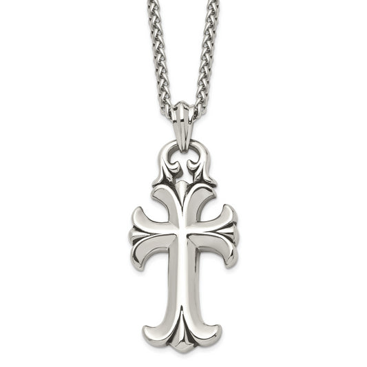 Stainless Steel Chisel Antiqued And Polished Cross Pendant On A 24 Inch Spiga Chain Necklace