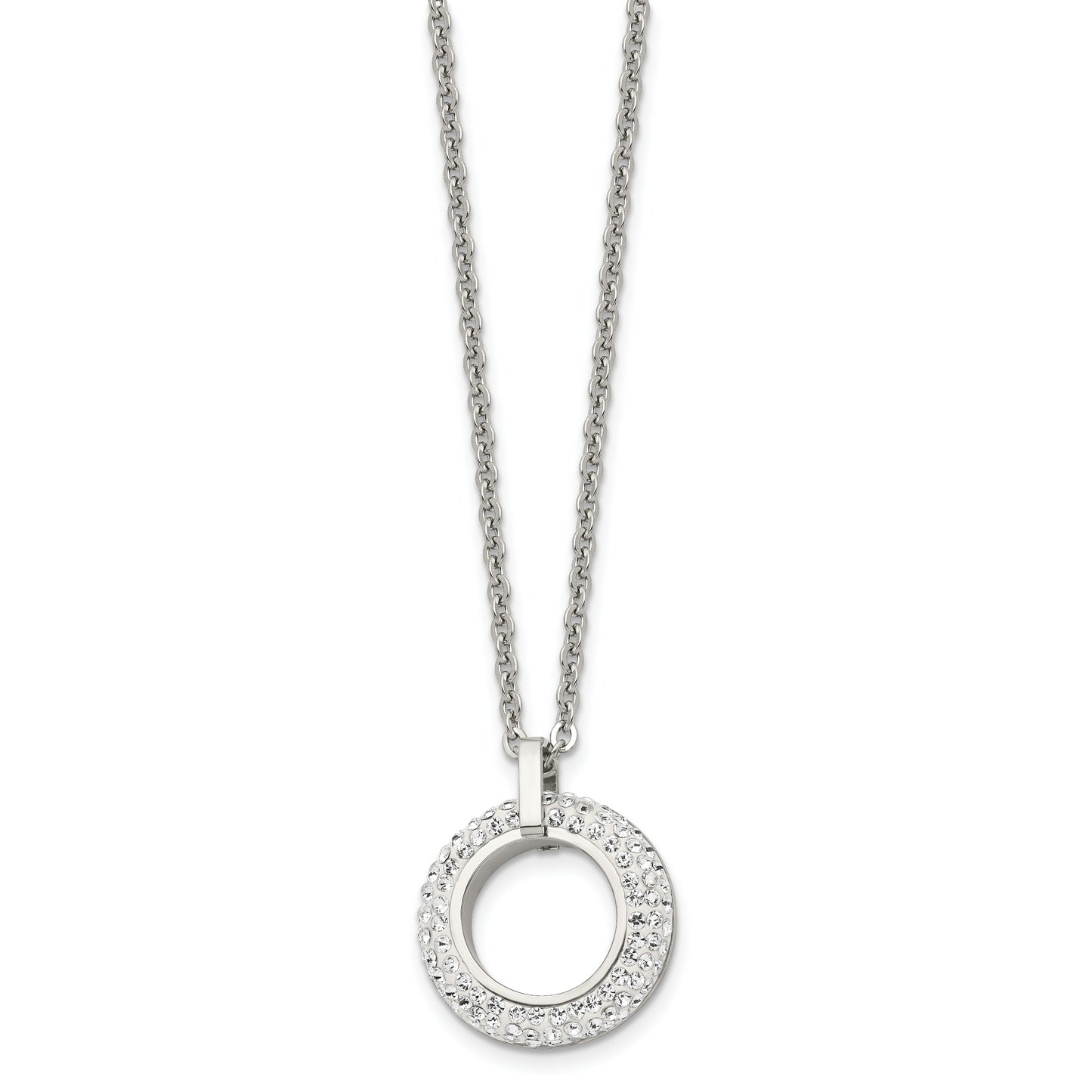 Stainless Steel Chisel Polished White Enameled With Crystals Open Circle Pendant On An 18 Inch Cable Chain Necklace