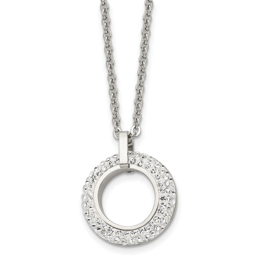 Stainless Steel Chisel Polished White Enameled With Crystals Open Circle Pendant On An 18 Inch Cable Chain Necklace