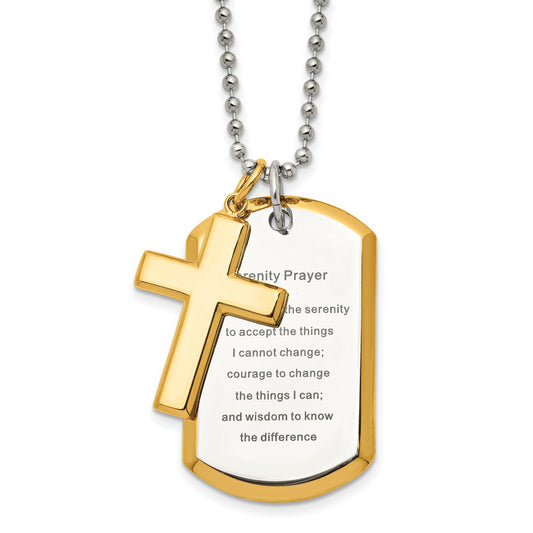 Stainless Steel Chisel Polished Yellow Ip-Plated 2 Piece Cross And Serenity Prayer Dog Tag On A 24 Inch Ball Chain Necklace