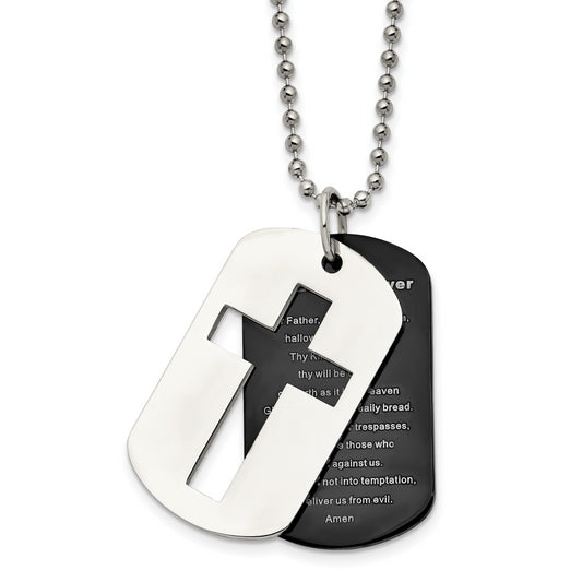 Stainless Steel Chisel Polished Black Ip-Plated 2 Piece Lord'S Prayer Dog Tag On A 24 Inch Ball Chain Necklace