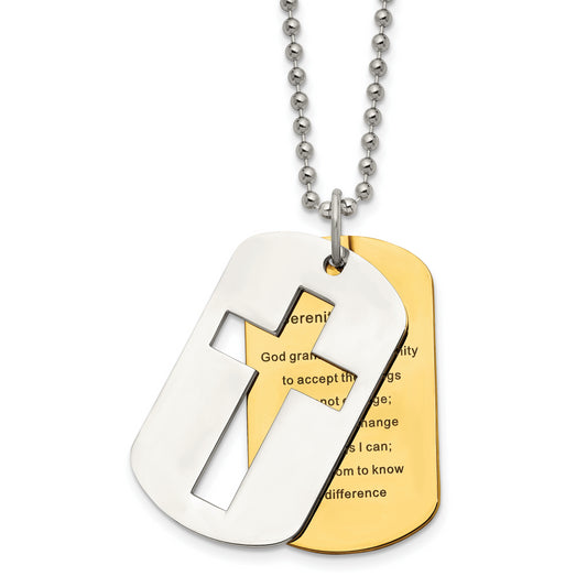 Stainless Steel Chisel Polished Yellow Ip-Plated 2 Piece Cross Serenity Prayer Dog Tag On A 22 Inch Ball Chain Necklace