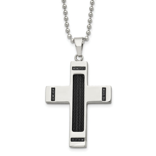 Stainless Steel Chisel Polished Black Ip-Plated 1/10 Carat Diamond Cross Pendant On A 24 Inch Ball Chain Necklace