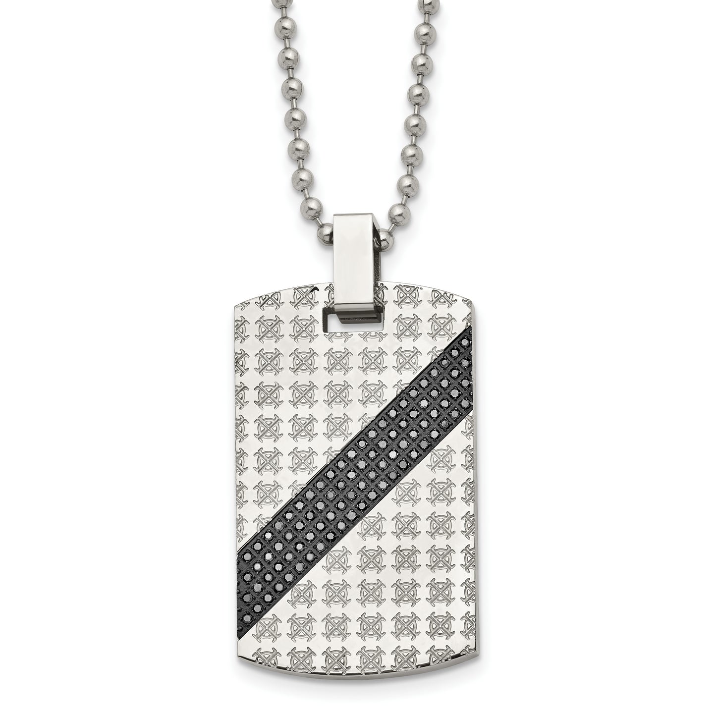 Stainless Steel Chisel Polished With 1/2 Carat Black Diamond Dog Tag On A 24 Inch Ball Chain Necklace