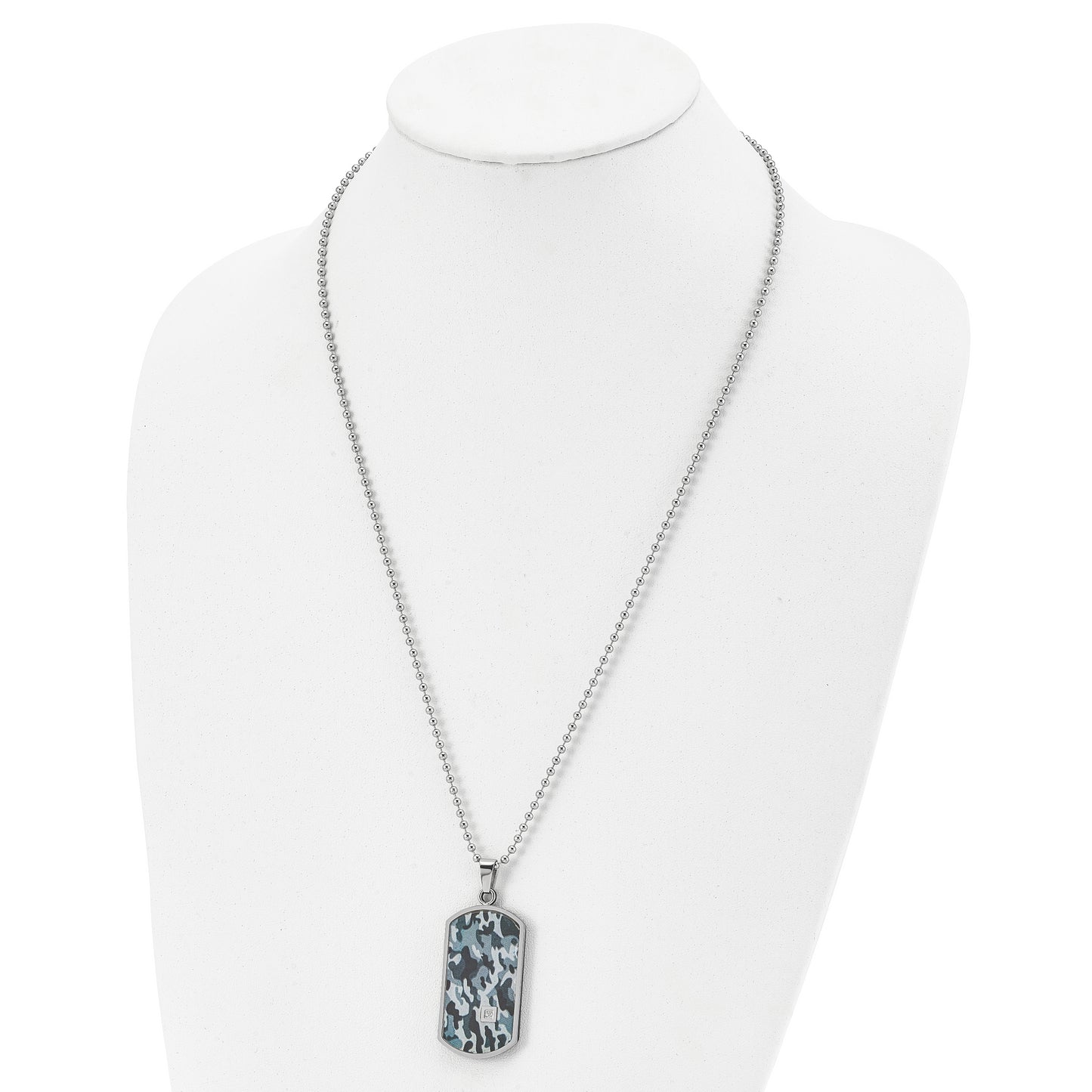 Stainless Steel Chisel Polished Black Ip-Plated And Camo Enamel With .015 Carat Diamond Double Dog Tag On A 24 Inch Ball Chain Necklace