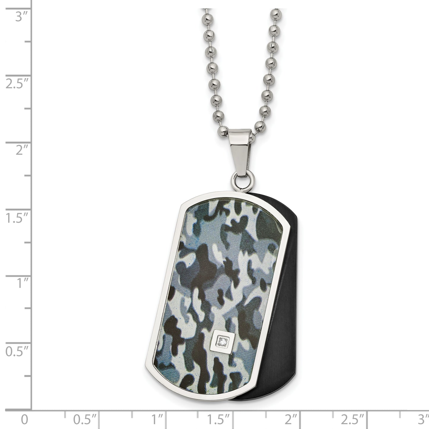 Stainless Steel Chisel Polished Black Ip-Plated And Camo Enamel With .015 Carat Diamond Double Dog Tag On A 24 Inch Ball Chain Necklace