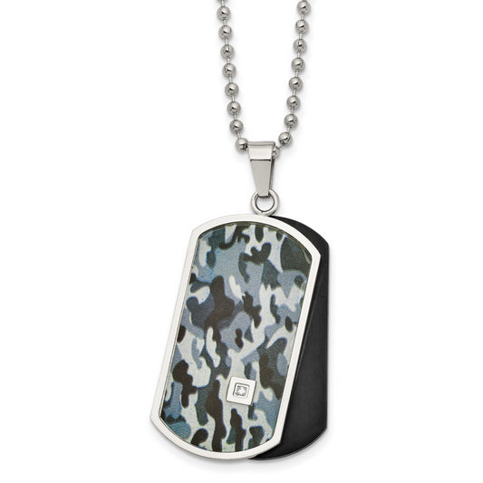 Stainless Steel Chisel Polished Black Ip-Plated And Camo Enamel With .015 Carat Diamond Double Dog Tag On A 24 Inch Ball Chain Necklace