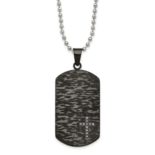 Stainless Steel Chisel Brushed And Polished Black Ip-Plated 1/10 Carat Diamond Cross Dog Tag On A 24 Inch Ball Chain Necklace