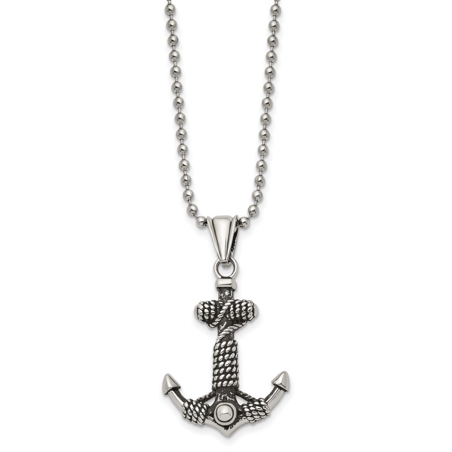 Stainless Steel Chisel Antiqued And Polished Anchor With Rope Pendant On A 24 Inch Ball Chain Necklace