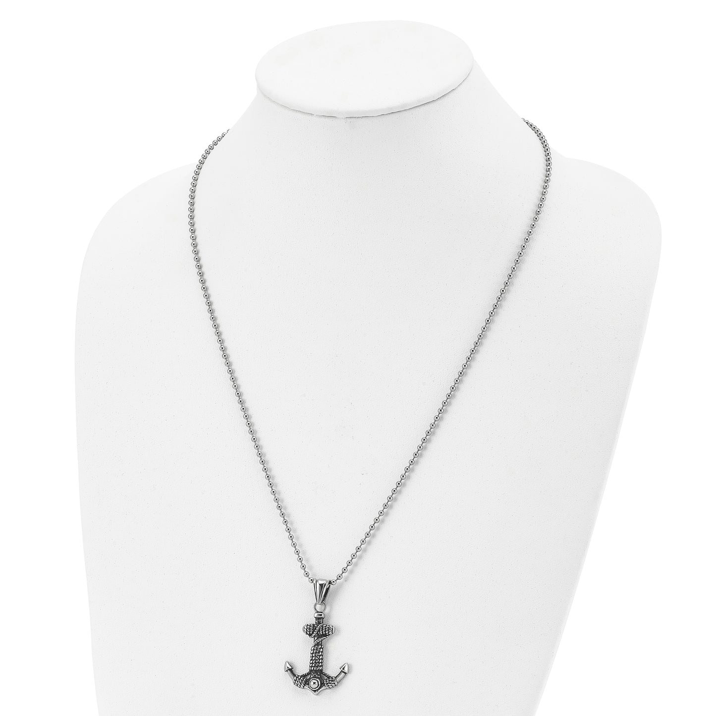 Stainless Steel Chisel Antiqued And Polished Anchor With Rope Pendant On A 24 Inch Ball Chain Necklace