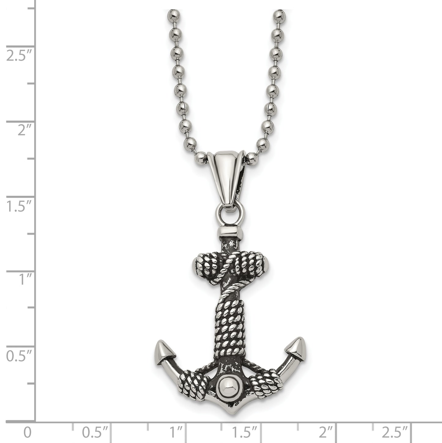 Stainless Steel Chisel Antiqued And Polished Anchor With Rope Pendant On A 24 Inch Ball Chain Necklace