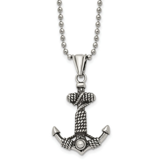 Stainless Steel Chisel Antiqued And Polished Anchor With Rope Pendant On A 24 Inch Ball Chain Necklace