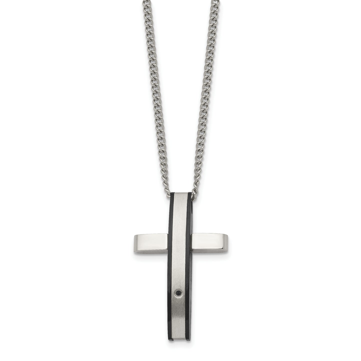 Stainless Steel Chisel Polished Black Ip-Plated .01 Carat Diamond Cross Pendant On A 24 Inch Curb Chain Necklace