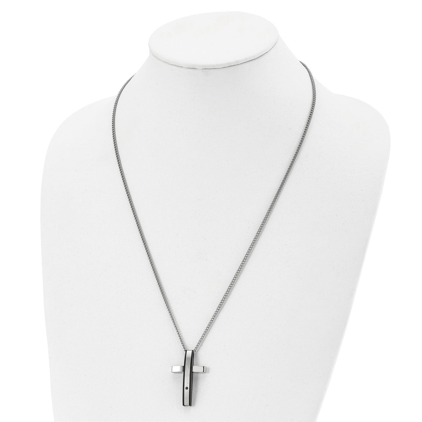 Stainless Steel Chisel Polished Black Ip-Plated .01 Carat Diamond Cross Pendant On A 24 Inch Curb Chain Necklace