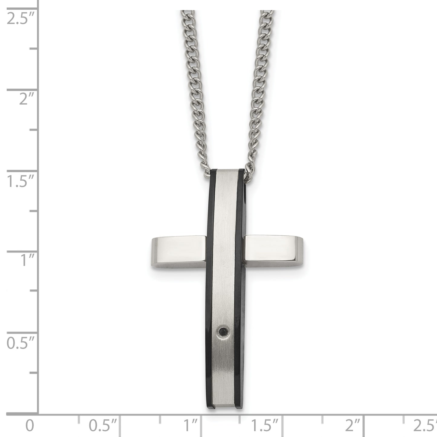 Stainless Steel Chisel Polished Black Ip-Plated .01 Carat Diamond Cross Pendant On A 24 Inch Curb Chain Necklace