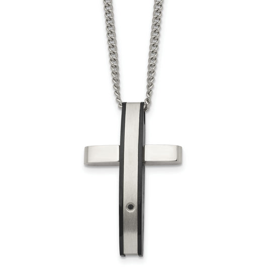 Stainless Steel Chisel Polished Black Ip-Plated .01 Carat Diamond Cross Pendant On A 24 Inch Curb Chain Necklace