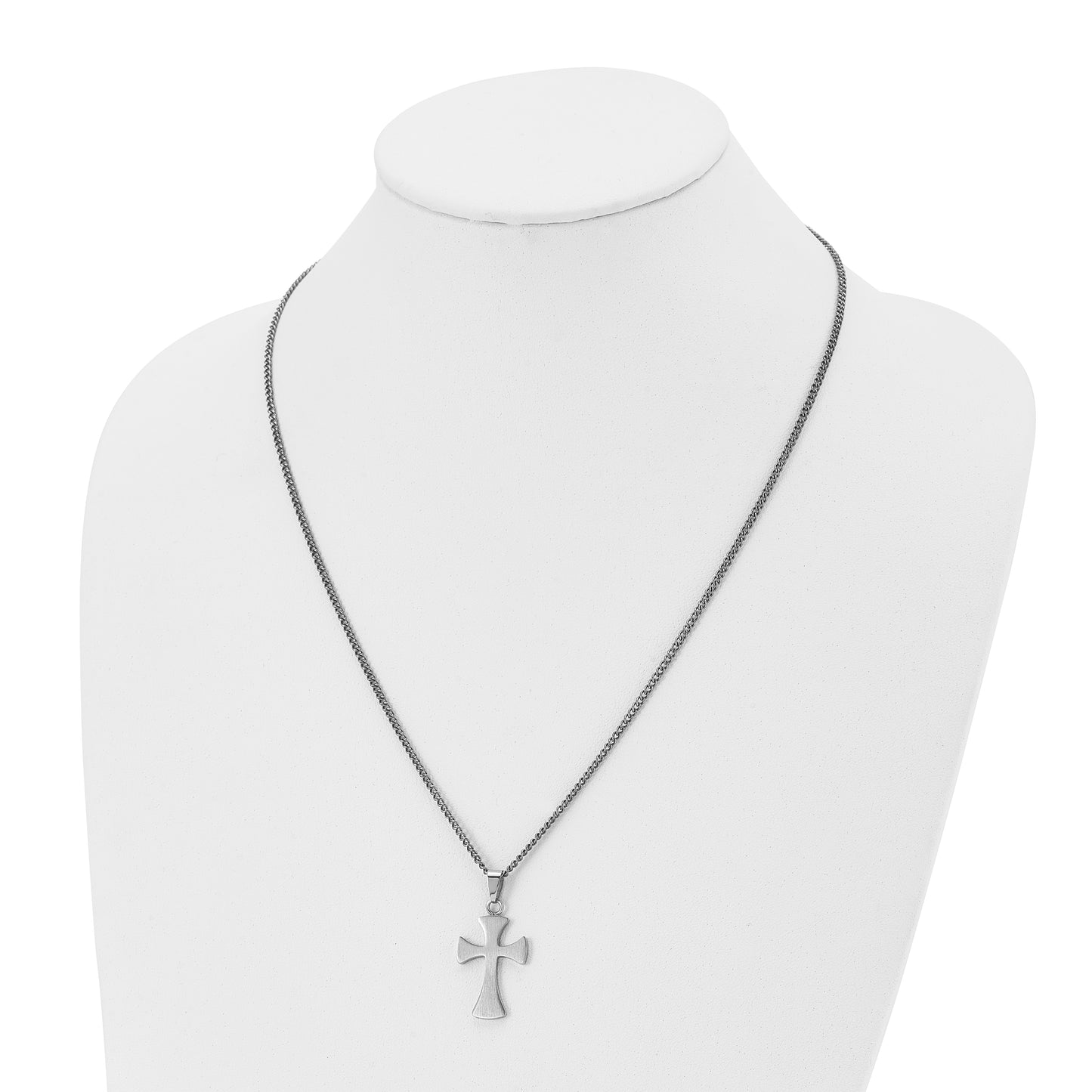 Stainless Steel Chisel Brushed Cross Pendant On A 22 Inch Curb Chain Necklace