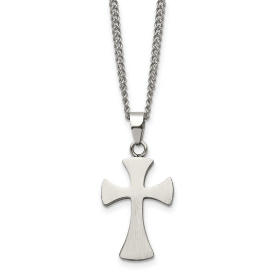 Stainless Steel Chisel Brushed Cross Pendant On A 22 Inch Curb Chain Necklace