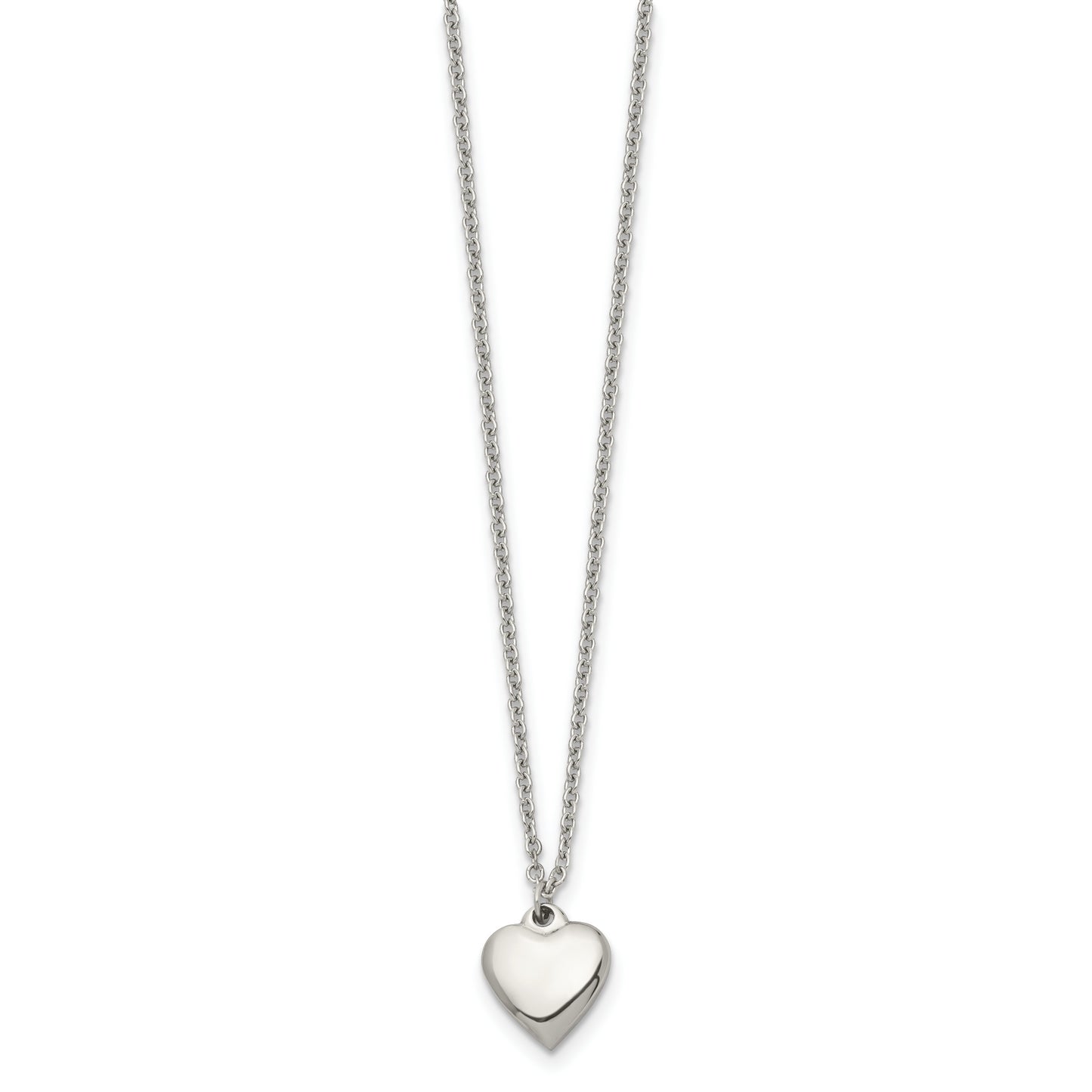 Stainless Steel Chisel Polished Heart On A 16.25 Inch Cable Chain With 1.5 Extension Necklace