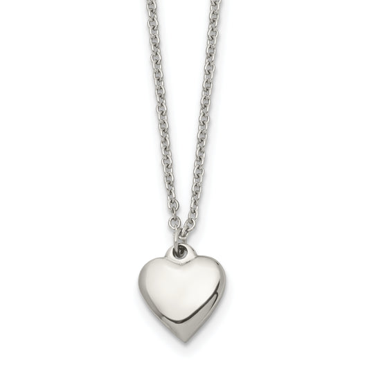 Stainless Steel Chisel Polished Heart On A 16.25 Inch Cable Chain With 1.5 Extension Necklace