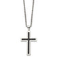 Stainless Steel Chisel Polished And Textured Black Leather Inlay Cross Pendant On A 20 Inch Rolo Chain Necklace