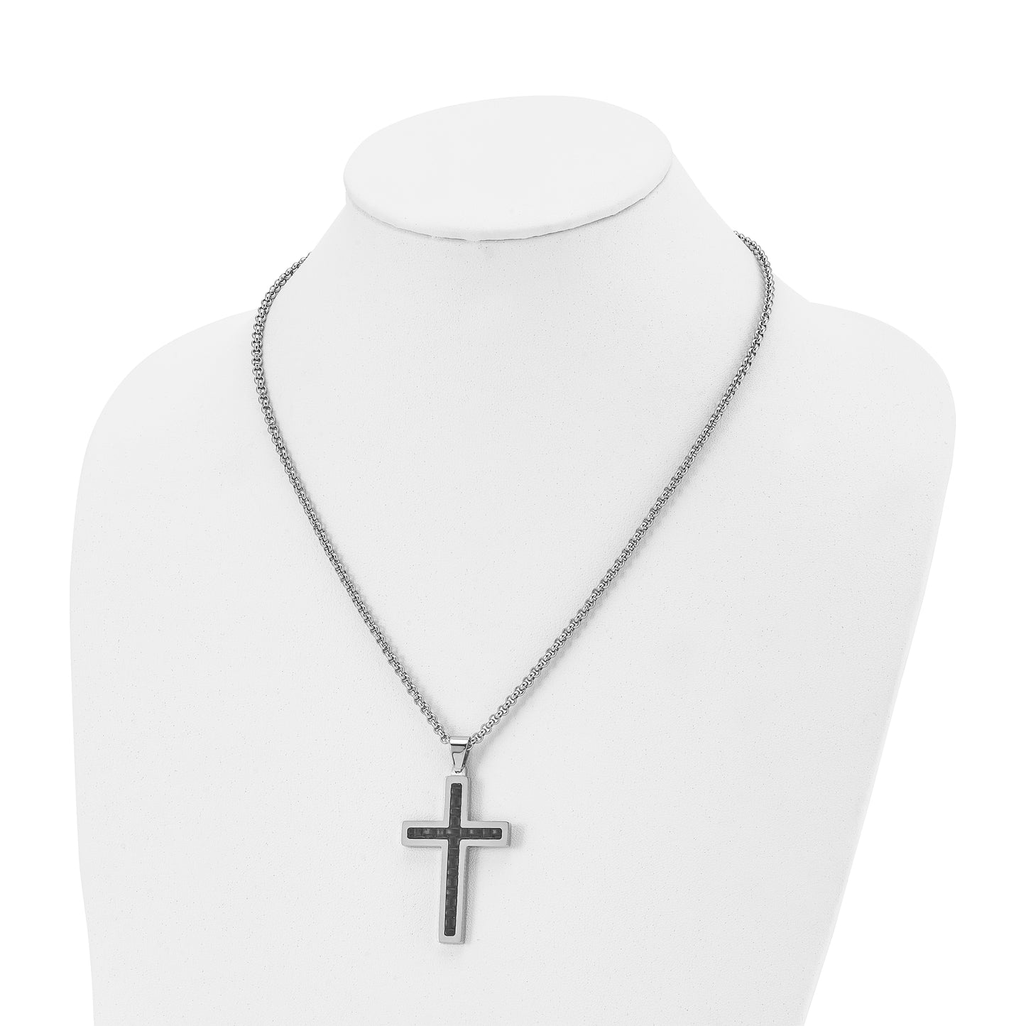 Stainless Steel Chisel Polished And Textured Black Leather Inlay Cross Pendant On A 20 Inch Rolo Chain Necklace