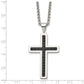 Stainless Steel Chisel Polished And Textured Black Leather Inlay Cross Pendant On A 20 Inch Rolo Chain Necklace