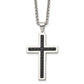 Stainless Steel Chisel Polished And Textured Black Leather Inlay Cross Pendant On A 20 Inch Rolo Chain Necklace