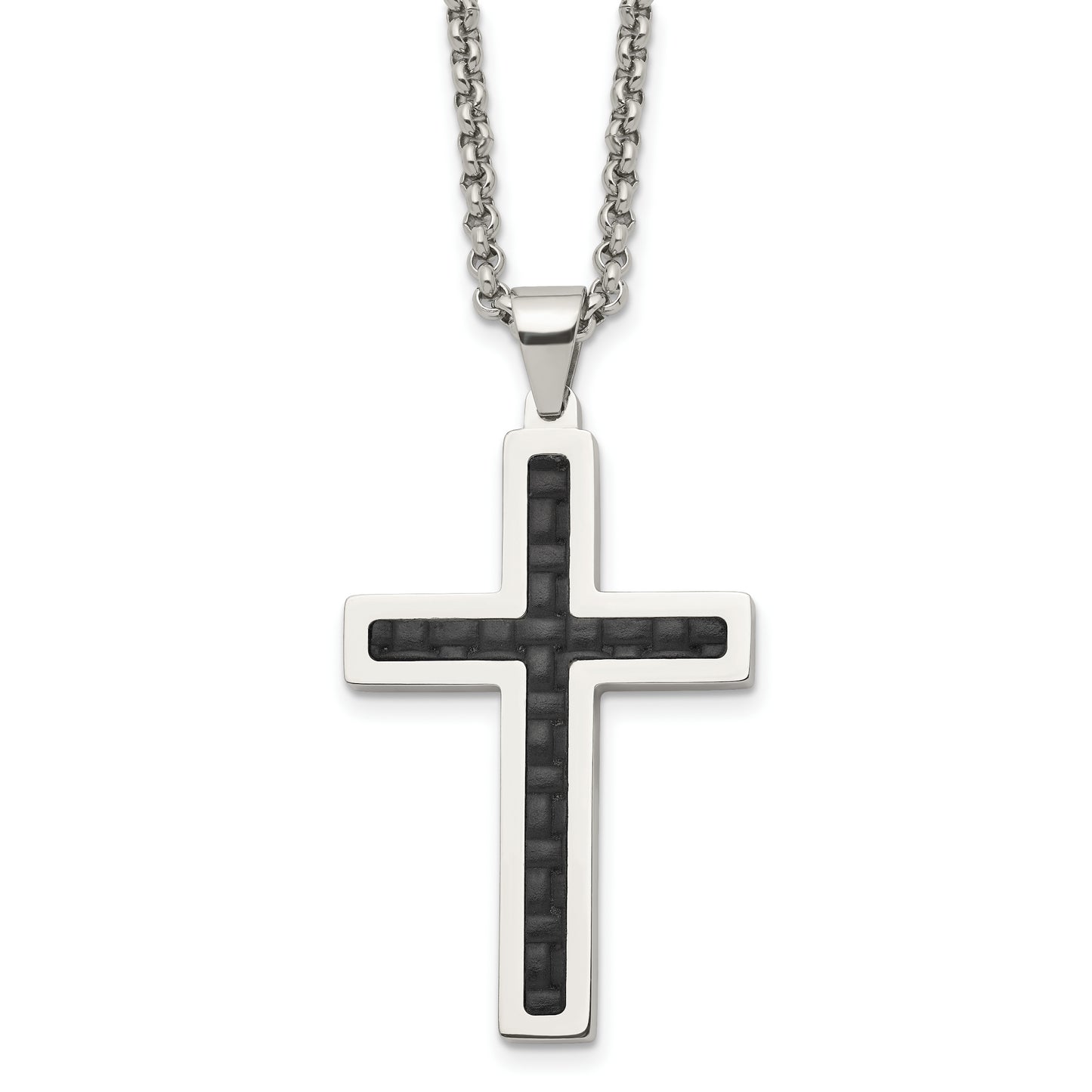 Stainless Steel Chisel Polished And Textured Black Leather Inlay Cross Pendant On A 20 Inch Rolo Chain Necklace