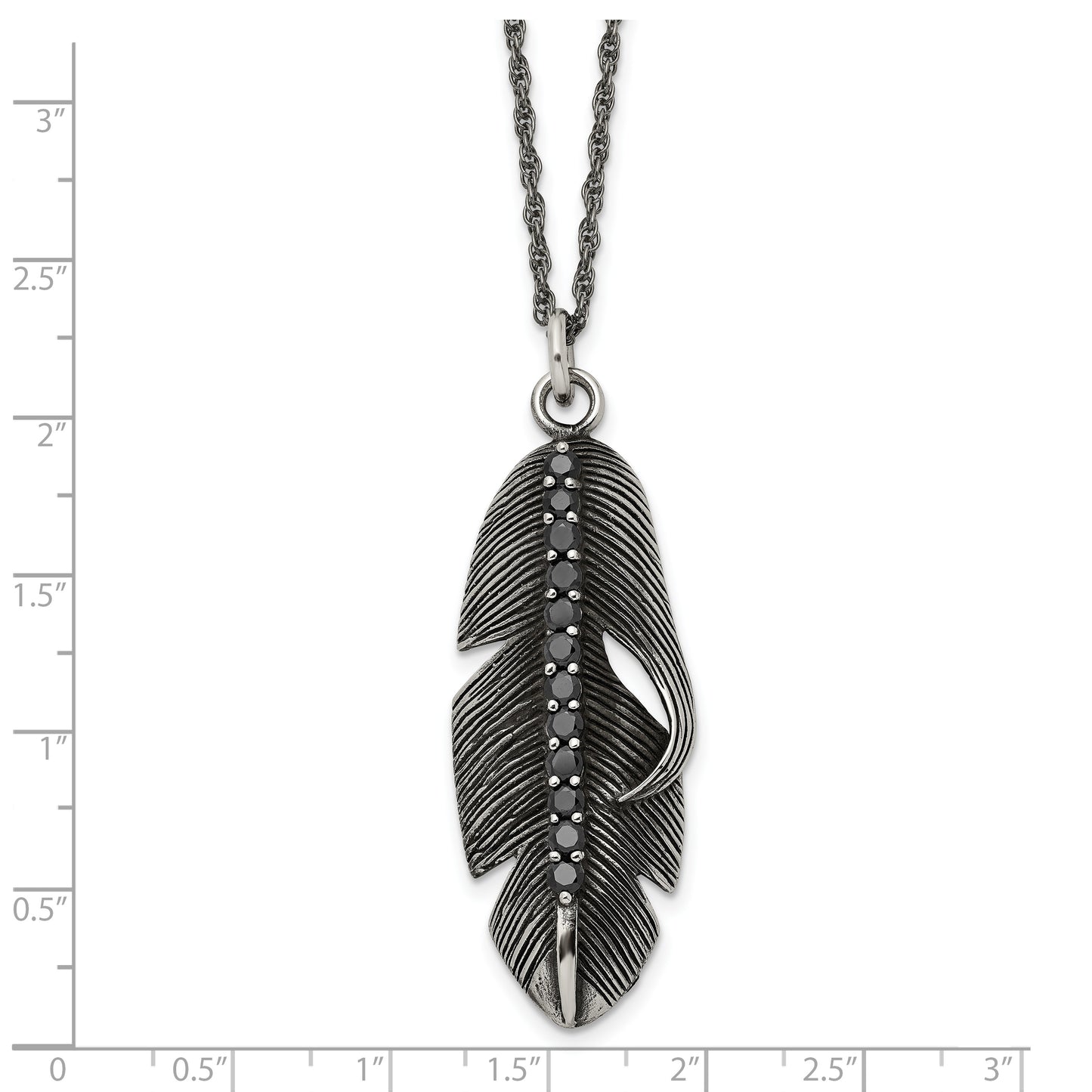 Stainless Steel Chisel Antiqued And Polished With Black Cz Feather Pendant On A 20 Inch Singapore Chain Necklace