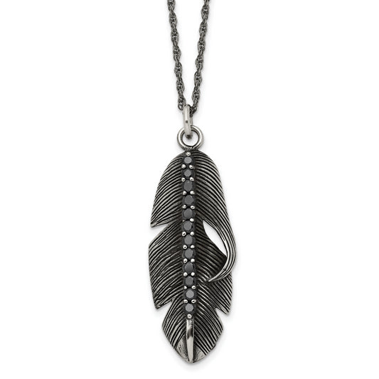 Stainless Steel Chisel Antiqued And Polished With Black Cz Feather Pendant On A 20 Inch Singapore Chain Necklace