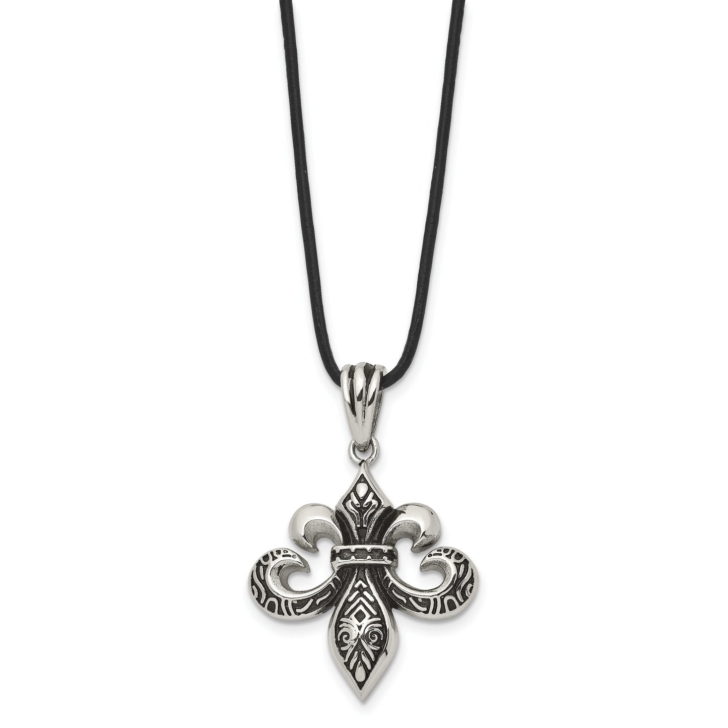 Stainless Steel Chisel Antiqued And Polished Fleur De Lis Pendant On A 20 Inch Leather Cord Necklace